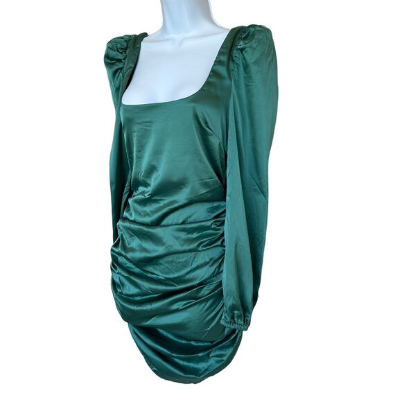 Revolve Teal Ruched Mini Dress SMALL Bodycon Princess Sleeve More to Come NEW - Picture 5 of 8